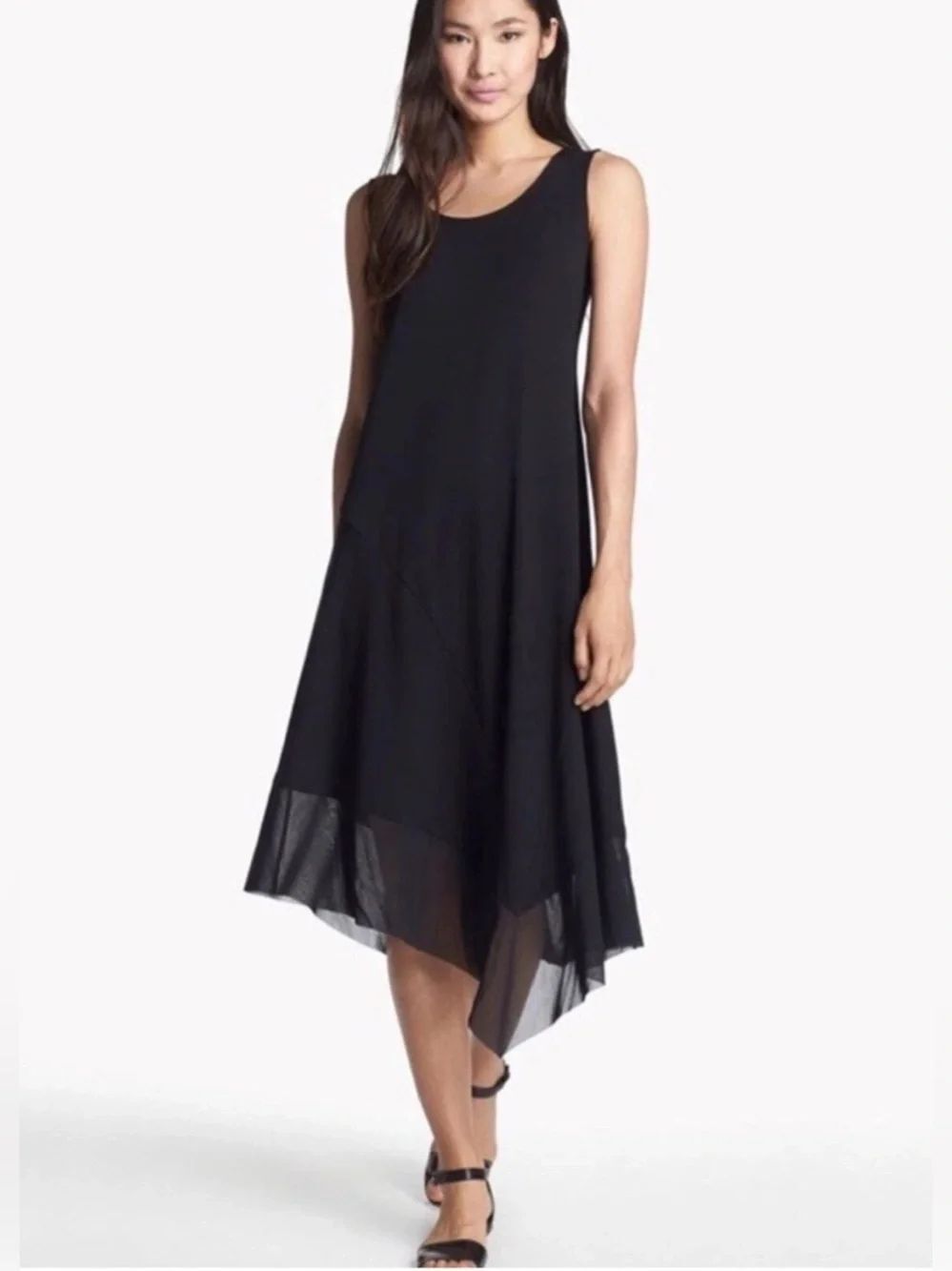 Eileen Fisher Asymmetrical Mesh Hem Stretch Jersey Midi Dress Black XS